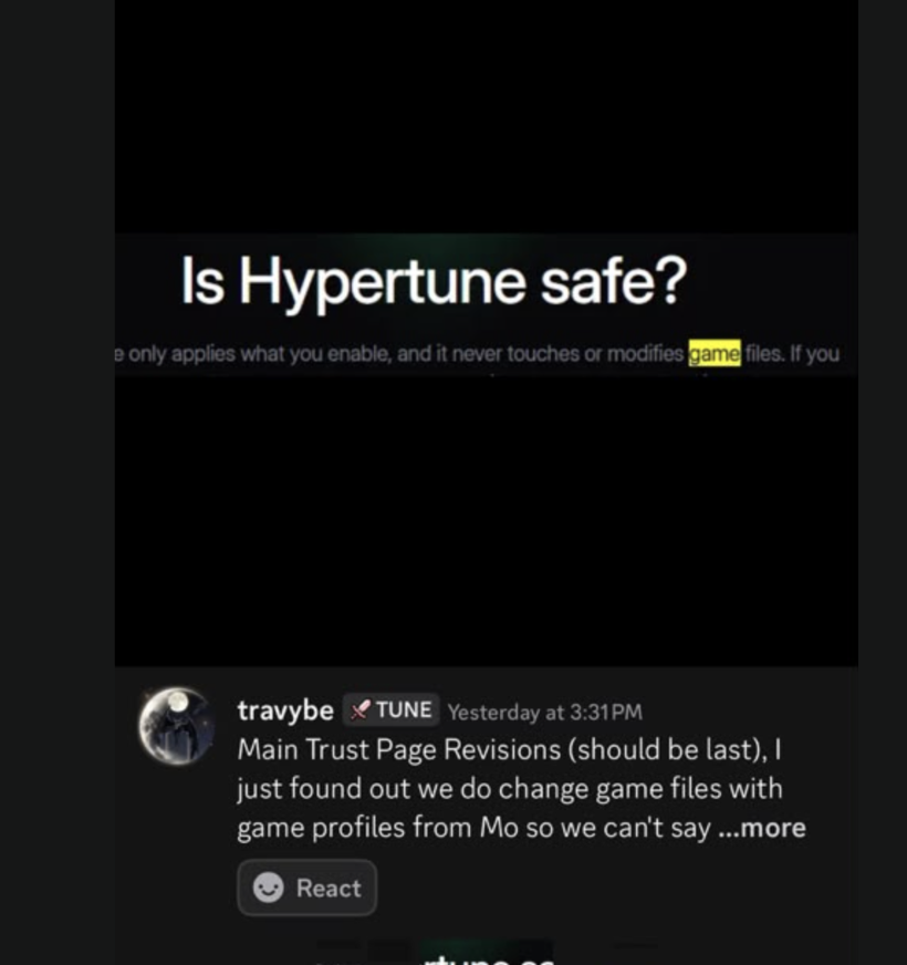 Before: the heading Is Hypertune safe, and a line that says it never touches or modifies game files.